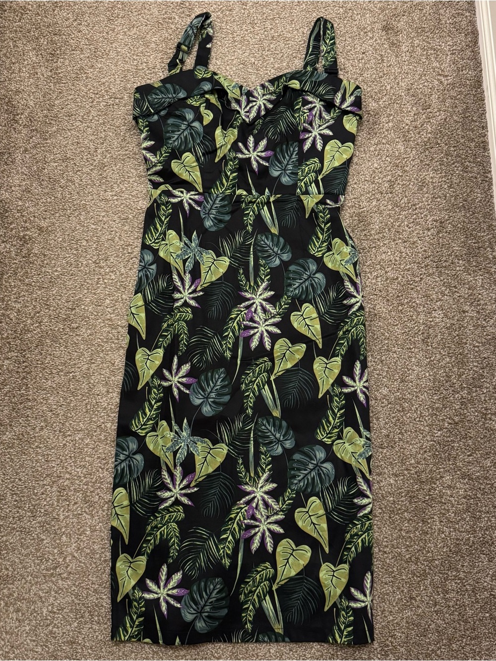 Collectif Kiana Black Forest Pencil Dress with Tropical Leaf Print
